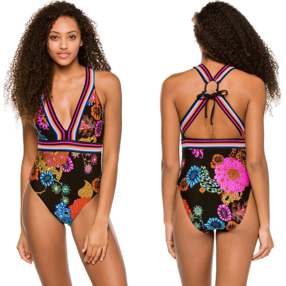 TRINA TURK Electric Reef V Plunge Halter One Piece Swimsuit Sz 12